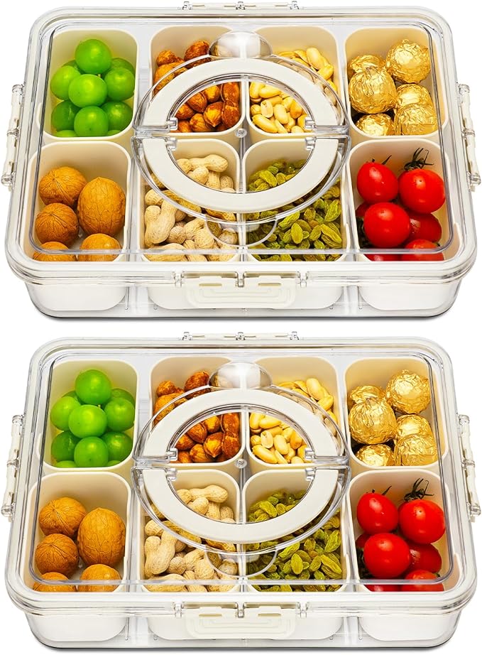 Divided Serving Tray with Lid and Handle,8 Compartments Snacks Box,Snack Fruit Tray,Veggie Tray,Portable Platter for Candy Fruits Nuts Snack Party Entertaining Picnic(2 PCS)