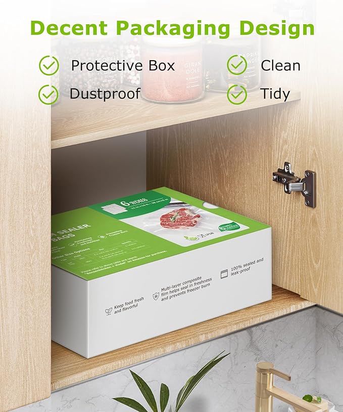 [2025 Upgraded] Bonsenkitchen 6 Rolls 11" x 16' Vacuum Sealer Bags for Food with a Color Box, Easy to Store, Commercial Grade, BPA Free, Great for Food Storage or Sous Vide, VB21