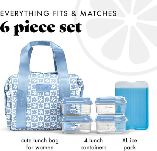 Fit & Fresh Neoprene Like Lunch Bag For Women, Insulated Womens Lunch Bag For Work, Tear & Stain Resistant Large Lunch Box With Containers and Ice, Machine Washable Remi Lunch Bag, Blue Daisy
