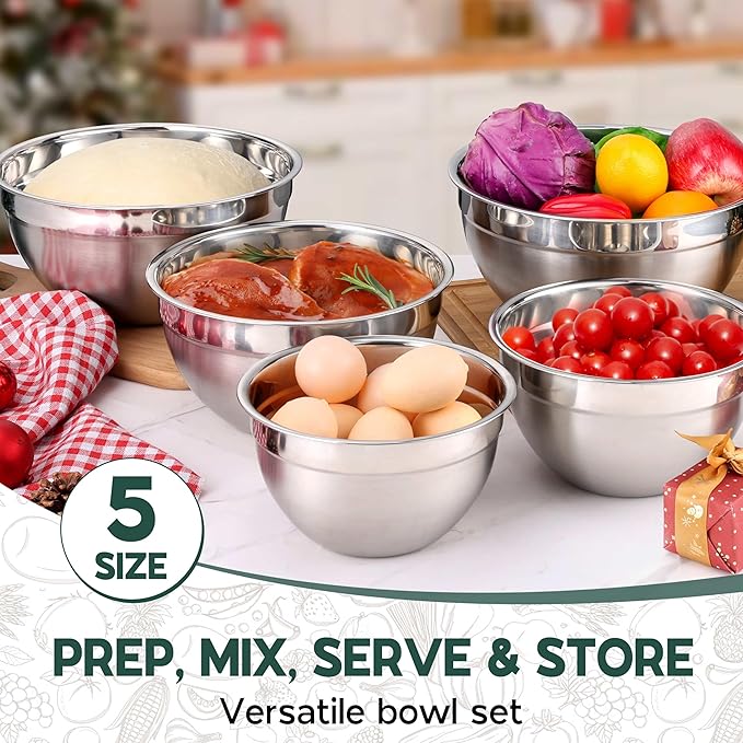 Stainless Steel Mixing Bowls with Black Lids Metal Nesting Mixing Bowl Set of 5 - Size 1.5, 2, 2.6, 3.5, 4.6QT