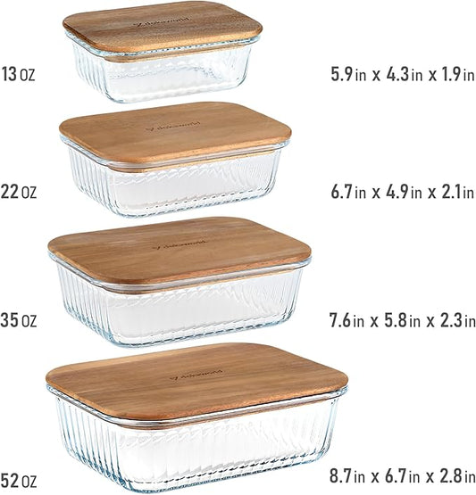 Set of 4 Stackable Space-Saving Nesting Glass Bowls with Airtight Acacia Lids for Lunch, Meal & Food Prep - Microwave & Oven-ready BPA Free Durable Heat Resistant Inert Borosilicate Glass