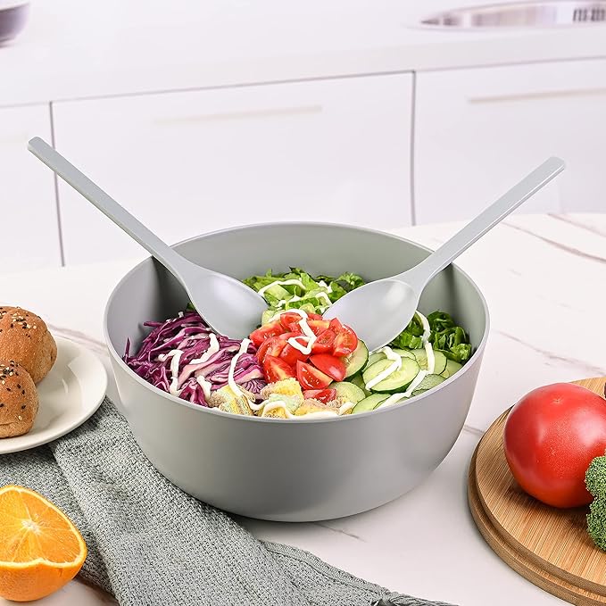 Bamboo Fiber Salad Bowl with Servers Set - Large 9.8 inches mixing bowls Solid Bamboo Salad Wooden Bowl with Bamboo Lid Spoon for Fruits,Salads and Decoration (Grey, 9.8INCH)