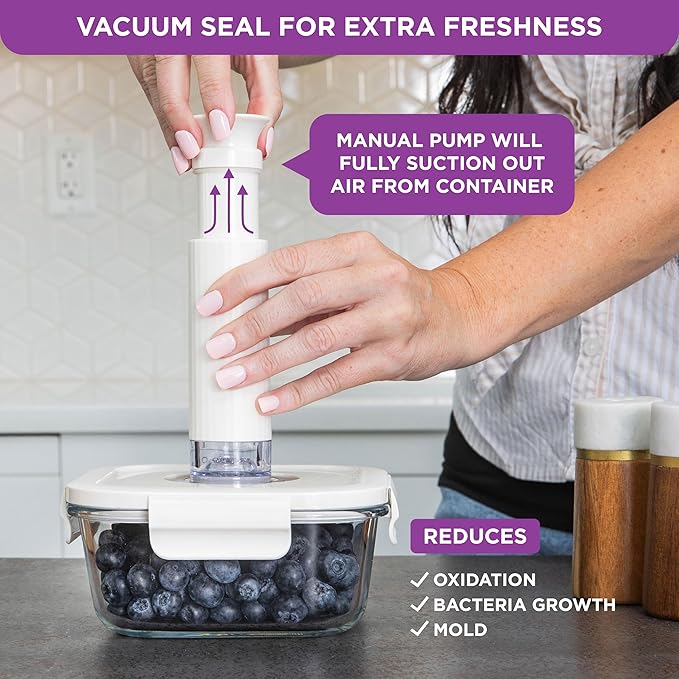 HOLDN’ STORAGE Vacuum Food Storage Containers, Set of 6 Glass Containers plus a Manual Vacuum Pump – Keep Food Fresh Longer, BPA-Free Glass, Leak-Proof, Ideal for Meal Prep, Marinating.
