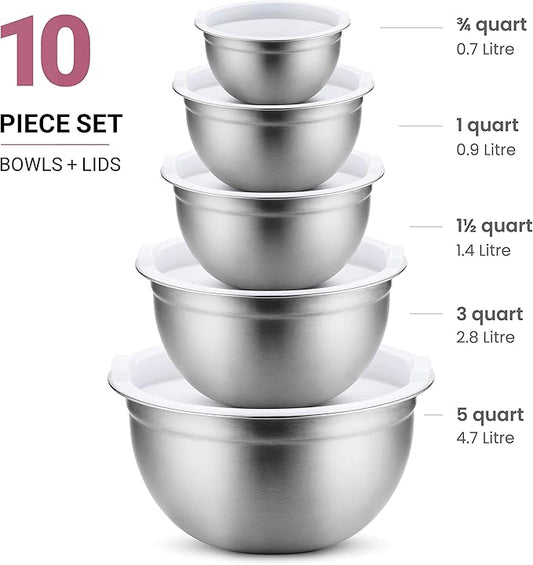 FineDine Stainless Steel Mixing Bowls Set with Lids, Home Kitchen Cooking Essentials Household Must Haves for Baking, 5 Pieces