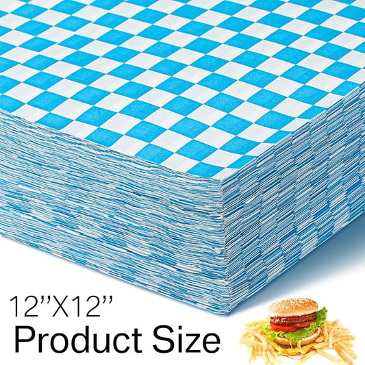 1000 Sheets Wax Deli Paper Sheets for Food 12 x 12 Inch Checkered Dry Waxed Deli Basket Liners for Sandwich Wrapping, Food Basket Liners, Picnic party(Blue-white)