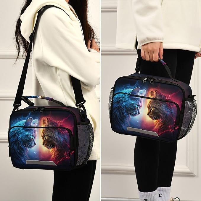 MNSRUU Student Lunch Bag Cat Lightning Insulated DinnerTotes Picnic Bag Lunch Box with Adjustable Shoulder Strap for Teen Kids Adults