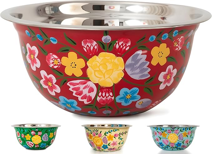 Large Hand Painted Stainless Steel Fruit Bowl - Decorative Floral for Salad Mixing and Serving - Traditional Kashmiri Art for Home Decor (Red)