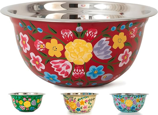 Large Hand Painted Stainless Steel Fruit Bowl - Decorative Floral for Salad Mixing and Serving - Traditional Kashmiri Art for Home Decor (Red)