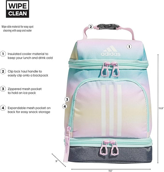 adidas Excel Lunch Bag, Cooler with Zipper, Pocket for Ice Pack, and Clip, Temperature Control Insulation, Gradient Flash Aqua/Orchid Fusion Purple, One Size