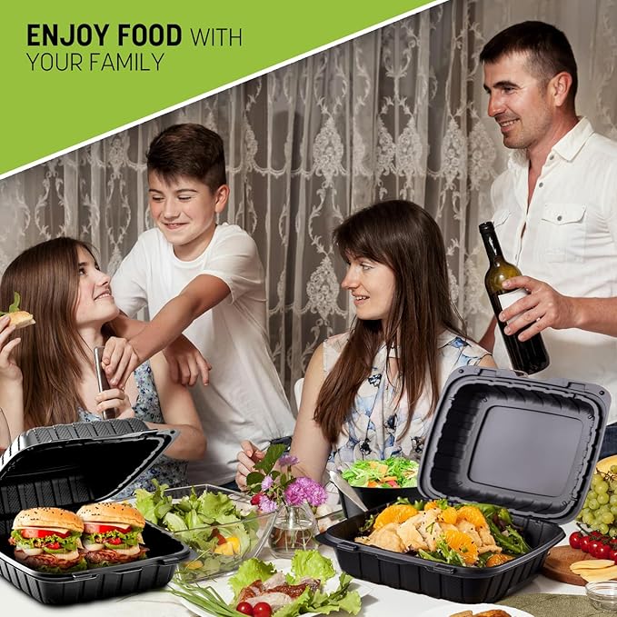 8X8X3 50-Pack Plastic Clamshell Takeout Food Trays Heavy Duty Disposable Box For Pasta Salad Sandwich Carryout Meal Prep Packaging Catering Hinged Containers With Secure Snap Lid - Black
