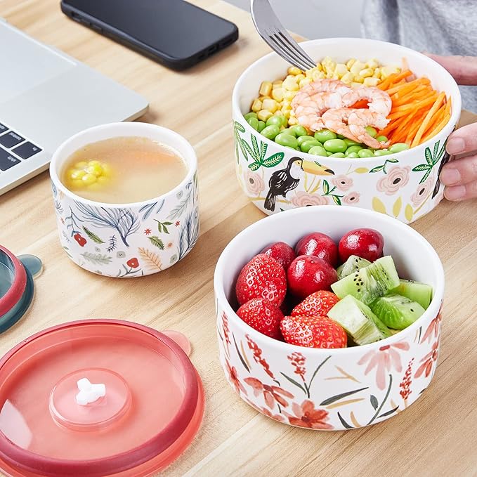 Ceramic Bowls with Lids, 4, 5, 6 Inch Food Storage Container Bowl, Microwave & Dishwasher Safe, For Soup, Salad, Rice, Cereal, Breakfast, Dinner, Serving, Oatmeal (Blue)