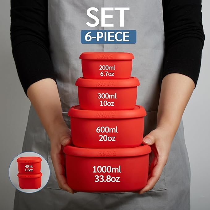 ISSEVE 6Pcs/Set Nesting Silicone Food Storage Containers with Lids, BPA Free Reusable Meal Prep Silicone Containers Lunch Box Bento Box Set (33.8oz, 20oz, 10oz, 6.7oz, 1.3oz) (Red)
