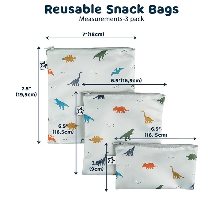 Tiny Twinkle 3 Pack Reusable Snack Bags - Machine Washable, PFAS, PVC, BPA, Phthalate-Free Reusable Baby and Toddler Food Safe Snack Bags (Dinosaur)