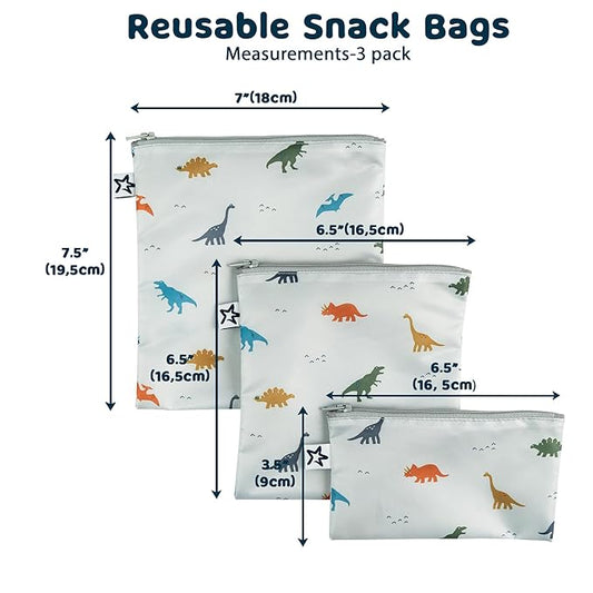Tiny Twinkle 3 Pack Reusable Snack Bags - Machine Washable, PFAS, PVC, BPA, Phthalate-Free Reusable Baby and Toddler Food Safe Snack Bags (Dinosaur)