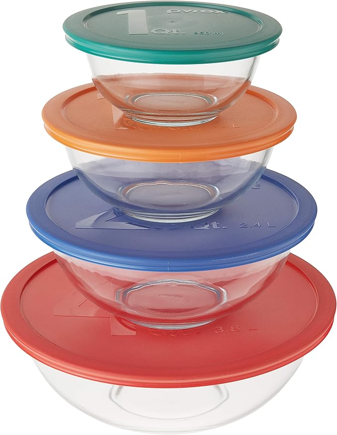 Pyrex Smart Essentials Mixing Bowl Set Including Locking Lids (Clear), 8 piece,5 quarts