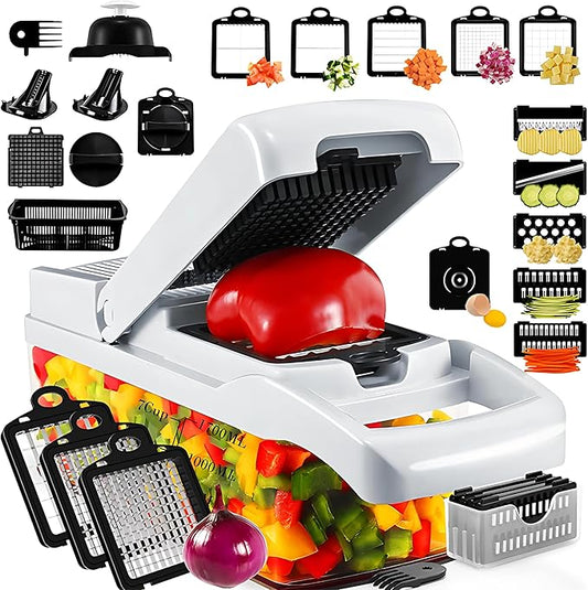 22-in-1 Vegetable Chopper with 13 Blades, Onion Cutter, Egg & Mandoline Slicer, Veggie Dicer with Container – Essential Kitchen Gadget for Meal Prep & Cooking Convenience