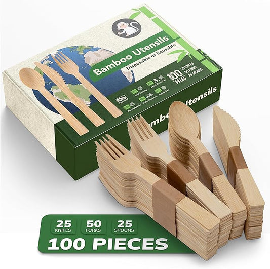 Wooden Cutlery Set - 100 Pcs Disposable Bamboo Forks, Spoons, Knives - Compostable 100% Natural Bamboo Utensils for Parties, Picnics, Camping, Weddings - Eco-Conscious Dining Supplies