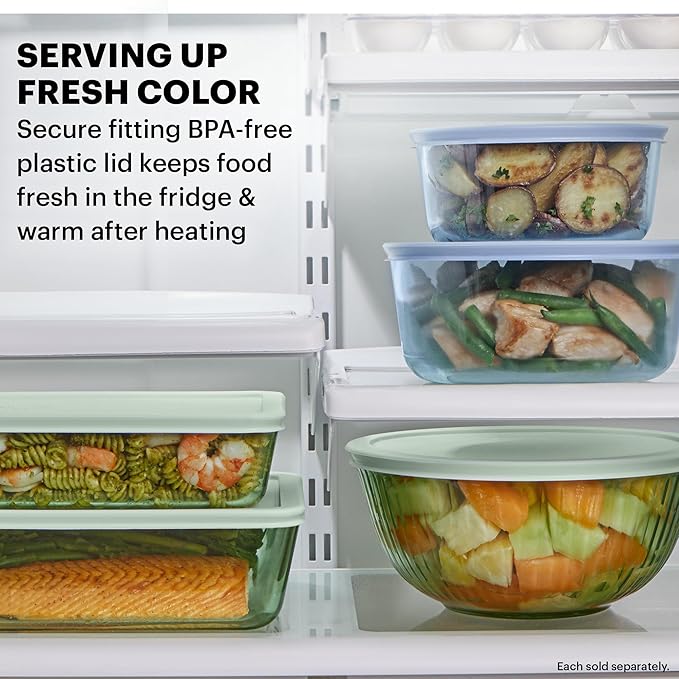 Pyrex Colors (6-Pack, Full Set) Tinted Glass Food Storage Container Set, Snug Fit Non-Toxic Plastic BPA-Free Lids, Freezer Dishwasher Microwave Safe, 3 Cup, 6 Cup & 11