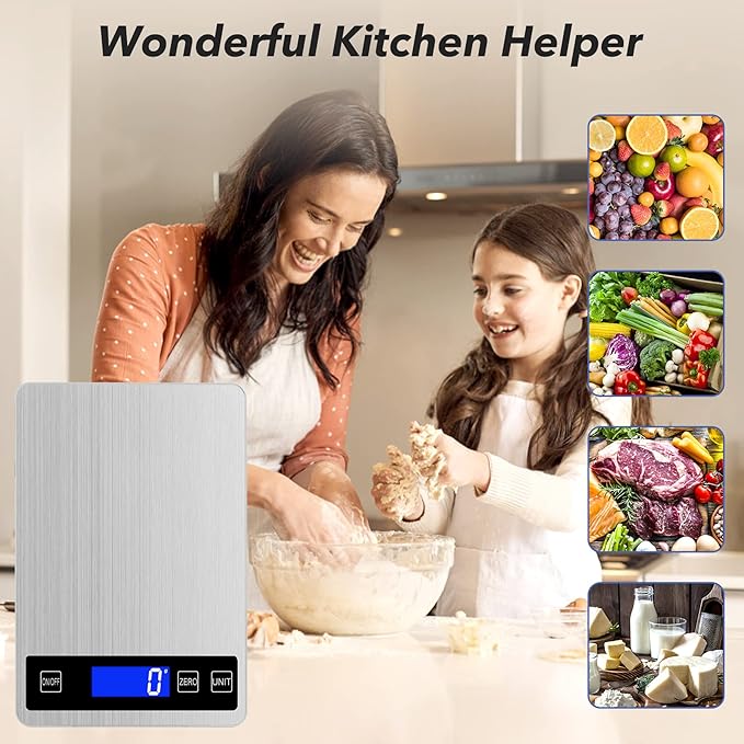 33lb Food Kitchen Digital Scale,1g/0.05oz Precise Graduation, USB Charging Kitchen Scale, Waterproof Stainless Steel with LCD Display, Ounces and Grams for Weight Loss, Cooking, Baking (Silvery)