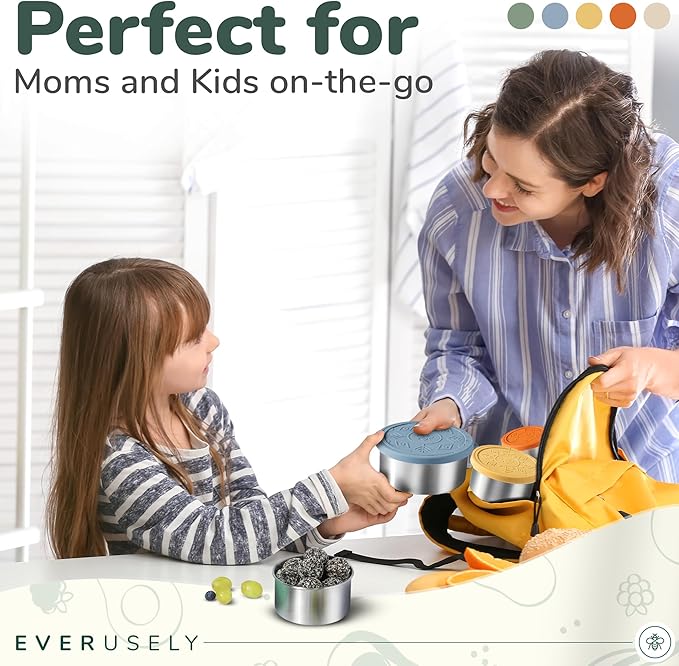 Everusely - Stainless Steel Containers with Lids - Set of 5, Muted Collection - Leakproof Stainless Steel Food Containers - Nesting Snack Holders - Metal Lunch Box - Portable & Reusable Meal Kit