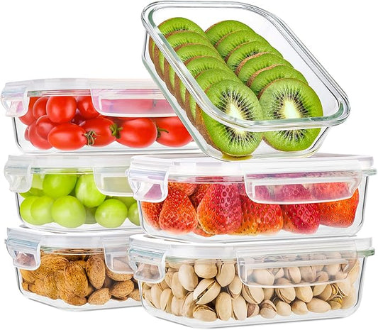 Bayco 6 Pack Glass Meal Prep Containers, Glass Food Storage Containers with Lids, Airtight Glass Lunch Bento Boxes, Leak Proof (6 lids & 6 Containers)