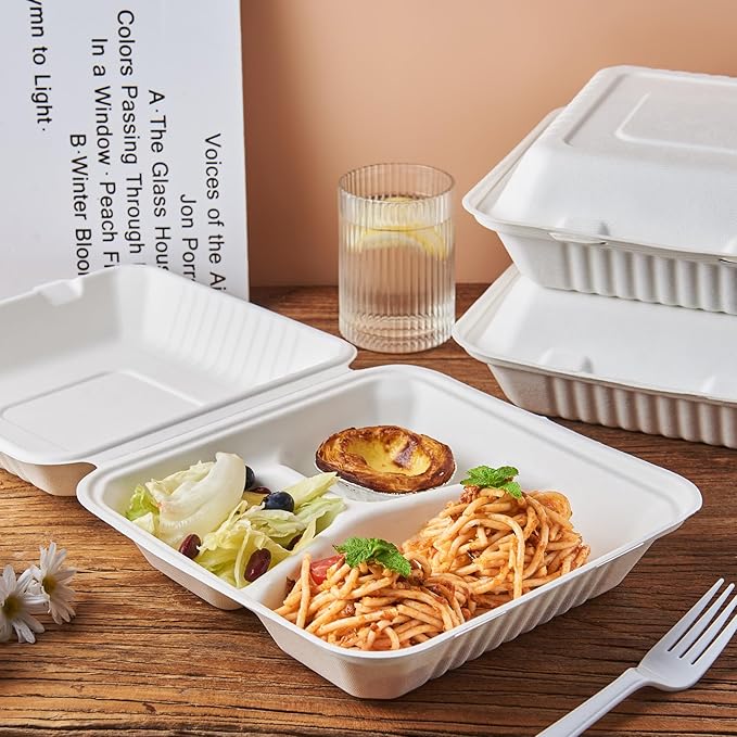 [9X9 3-Compartment 75-Pack Bio Natural Clamshell Take Out Food Containers with Lids, Disposable Bagasse Togo Plates, Eco-Friendly Biodegradable Made of Sugar Cane Fibers