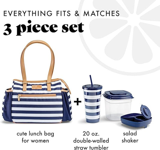 Fit & Fresh Lunch Bag For Women, Insulated Womens Lunch Bag For Work, Stain-Resistant Large Lunch Box For Women With Salad Container and Matching Tumbler, Zipper, Copley Lunch Kit, Navy Stripe