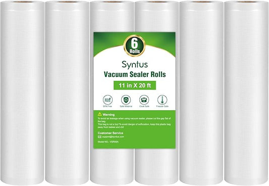 Syntus Vacuum Sealer Bags for Food, 6 Rolls 11" x 20' Commercial Grade Bag Rolls, BPA Free Food Vac Bags for Storage, Meal Prep or Sous Vide