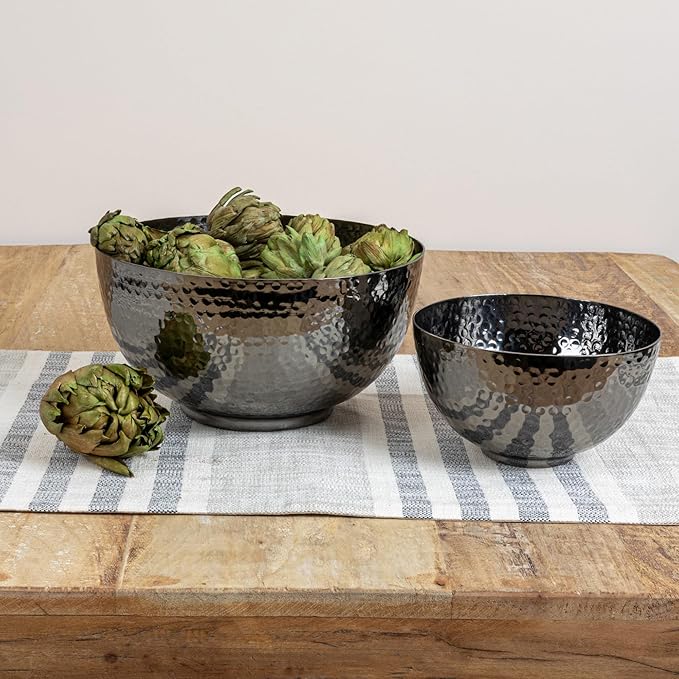 Bloomingville Round Hammered Metal, Set of 2 Sizes, Oxidized Silver Finish Bowl