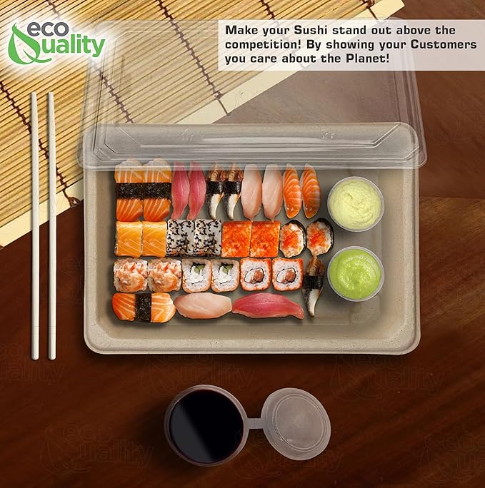 EcoQuality X-Large Compostable Sushi Trays with Lids - Natural Sugarcane Bagasse Take Out Sushi Container - Biodegradable, Disposable Sushi Plate with Lid, Eco Friendly, To go, Serving Tray (25)