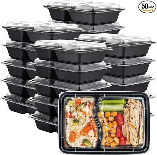 Comfy Package [28 oz - 50 Count 2 Compartment Meal Prep Containers Reusable - Microwaveable, Dishwasher and Freezer Safe, BPA-Free, Portion Control and Convenience Food Storage with Lids, Stackable