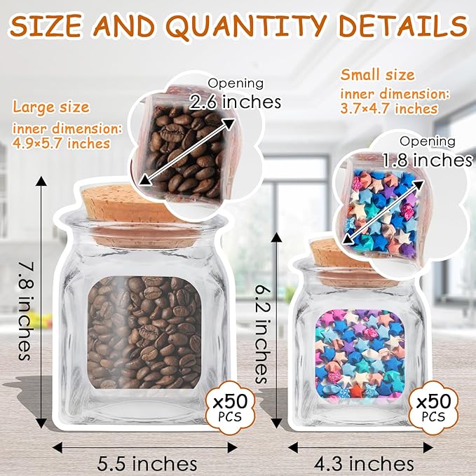 100 pcs Mason Jar Bottles Bags,2 Sizes Reusable Decorative Snack Bags,Ziplock Sealed Plastic Food Saver Storage Pouches for Kitchen Travel Camping Picnic Organizer