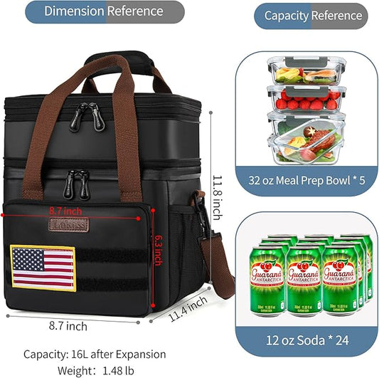 LOKASS Lunch Box for Men,16L Double Deck Expandable Insulated Lunch Bag for Women/Adults Thermal Large Waterproof Leakproof Lunchbox for Work with Shoulder Strap for Work, Camping, Picnic - Black
