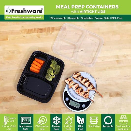 Freshware Meal Prep Containers [150 Pack] 3 Compartment with Lids, Food Containers, Lunch Box, Stackable, Bento Box, Microwave/Dishwasher Safe (32 oz)