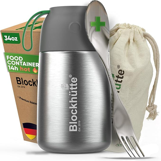 Blockhütte Thermos for Hot Food - 34 oz Vacuum Stainless Steel Thermal Lunch Box, Leakproof Soup Thermos, Wide Mouth Insulated Food Jar