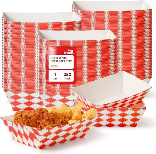 Fit Meal Prep [250 Pack 1 lb Paper Food Boats Heavy Duty Disposable Food Trays, Red Check Nacho Tray for Parties Fairs Picnics Carnivals, Holds Sause Candies Nut Grease Resistant