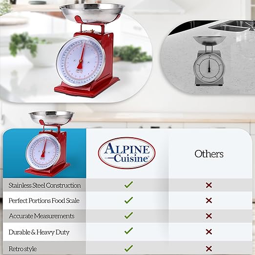 Alpine Cuisine Analog Kitchen Scale Red - Mechanical Kitchen Weighing Food Scale Weighs Up to 22 Lbs., Analog Food Scale for Kitchen - Measures in Grams and Ounces - Food Weight Scale