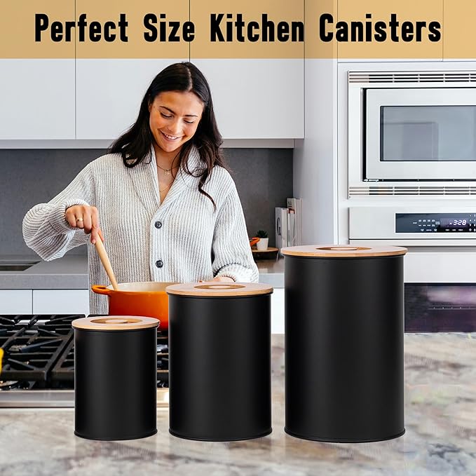 Canisters Sets for Kitchen Countertop, Black Metal Kitchen Canisters Set of 3, Flour and Sugar Storage Containers with Airtight Bamboo Lid and Stickers, Coffee and Tea Storage, Farmhouse Decor