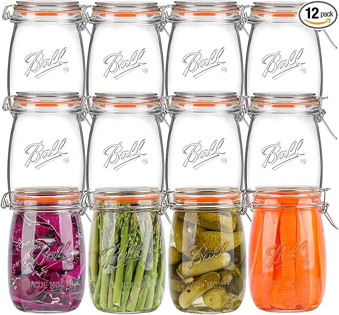 32oz Wide Mouth Mason Jars (12 Pack) – Reusable Airtight Glass Storage Jars with Hinged Lids, BPA-Free & Dishwasher Safe, Perfect for Canning, Pickling, Coffee & Fermenting