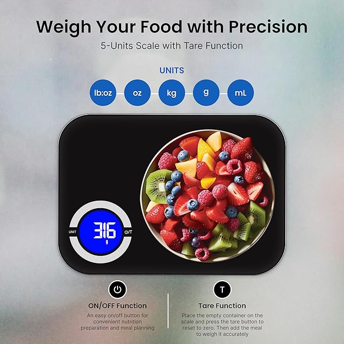 Smart Kitchen Scale- Digital Weight Grams and Oz Food Scale with Nutritional Calculator for Weight Loss, Accurately Track Calories & Macros with Bluetooth Fitness App (Black).