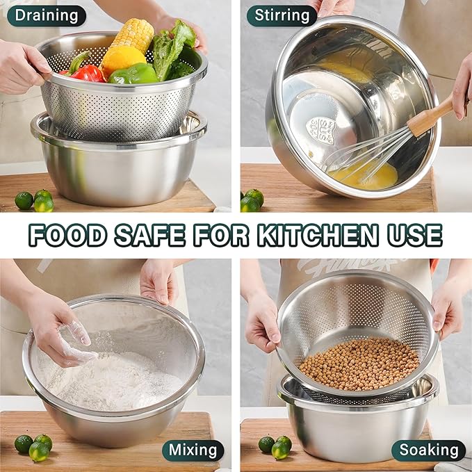 304 Stainless Steel Colander 4QT Microporous Colander & Large Bowl for Kitchen,Rice Strainer with Salad Mixing Bowl for Pasta Straining,Fruit Washing,Vegetable Draining,Food Mixing(2PCs)
