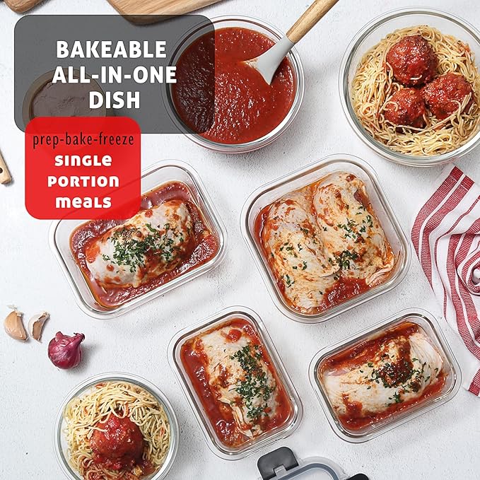 EATEX 16pc Glass Food Storage Containers with Lids, Airtight Glass Meal Prep Containers, 8 Reusable Glass Food Containers with 8 Leakproof Snap Lock Lids, Oven Microwave Freezer Safe Lunch Containers