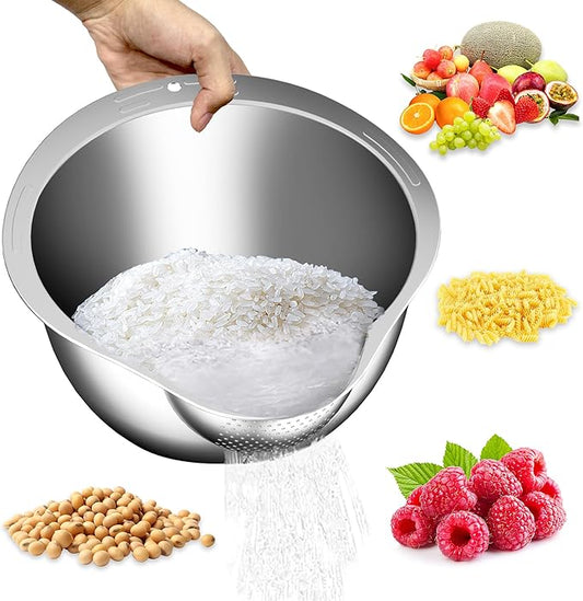 Rice Washer - Rice Cleaner Strainer Bowl - Rice Drainer Strainer - Fine Mesh Colander - Colander Bowl for Rice Veggie Fruit Beans, Funny Presents for Women - Silver