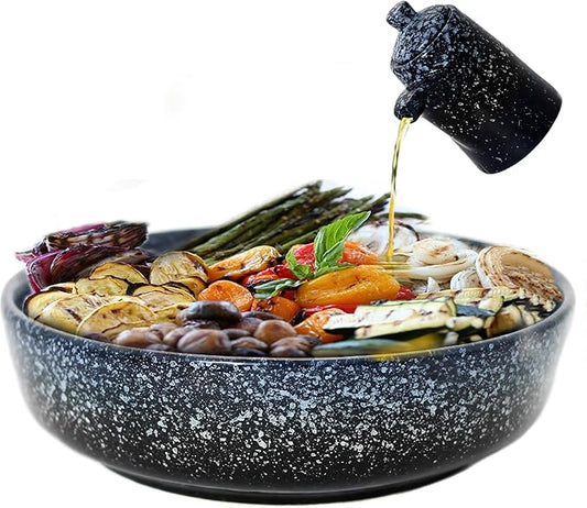 Extra Large Salad Serving Bowl, 11 inch. Big Ceramic Navy Dark Blue Pasta bowl Plus Oil Bottle. 95 oz. Beautiful And Elegant Huge Design. Giant Mixing and Fruit Bowls