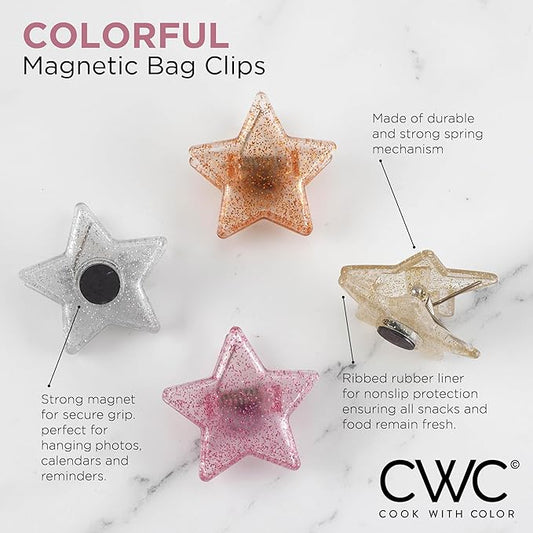 COOK WITH COLOR Cute Bag Clips - Magnetic Chip Clips for Airtight Seal, Stars, Pack of 8