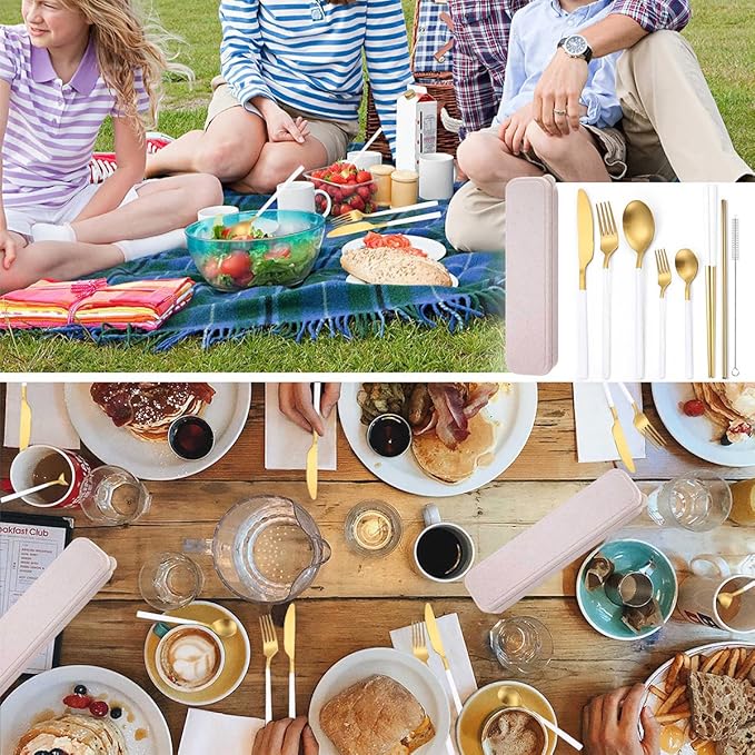 AARainbow 8 Pieces Stainless Steel Flatware Set Portable Reusable Cutlery Set Travel Utensils Set Including Chopsticks Knife Fork Spoon Straws Cleaning Brush Dishwasher Safe (B-White Golden)