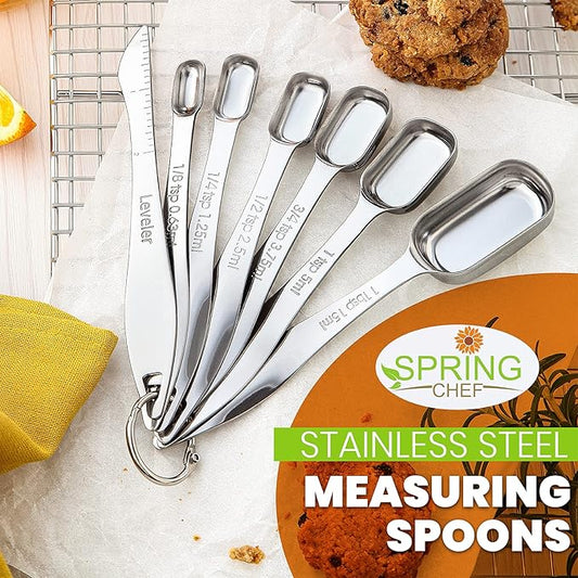 Spring Chef Stainless Steel Rectangular Measuring Spoons, Set of 7 & Heavy Duty Meat Tenderizer, Black - 2 Product Bundle