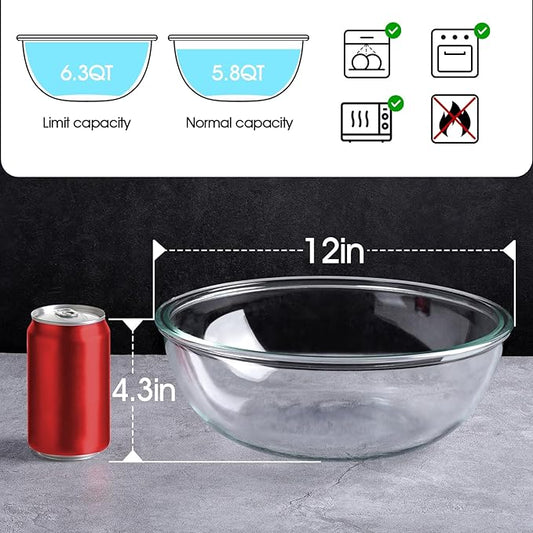 NUTRIUPS 6.4QT Large Glass Mixing Bowl, Large Salad Bowls, Big Glass Bowls for Sourdough, Salad and Storage, Dishwasher, Microwave and Freezer Safe