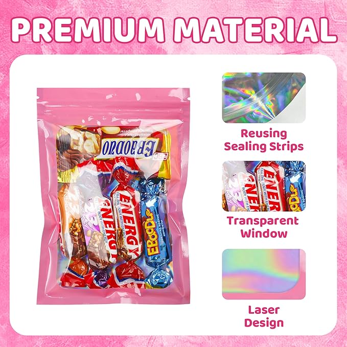 100 Pcs Mylar Bags Pink Holographic Bags with Clear Window Resealable Bags for Food Storage Packaging for Small Business(4×6Inch)