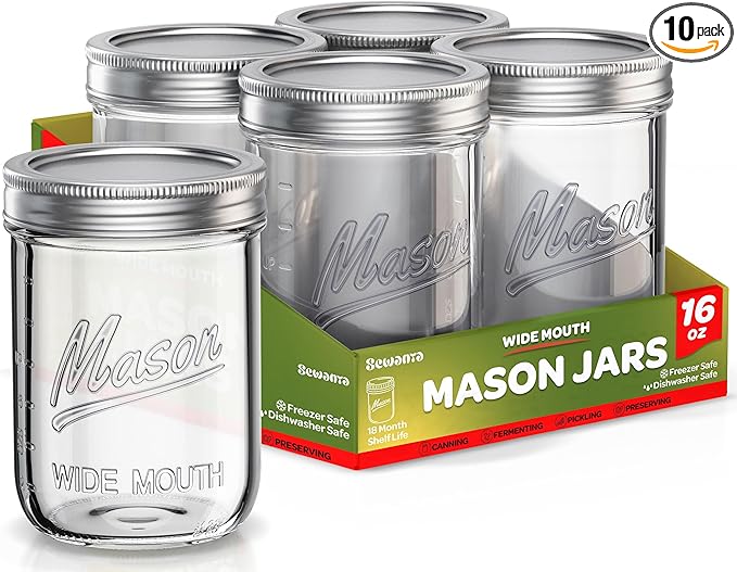 SEWANTA Wide Mouth Mason Jars 16 oz [10 Pack] With mason jar lids and Bands, mason jars 16 oz - For Canning, Fermenting, Pickling - Jar Décor - Microwave/Freeze/Dishwasher Safe.